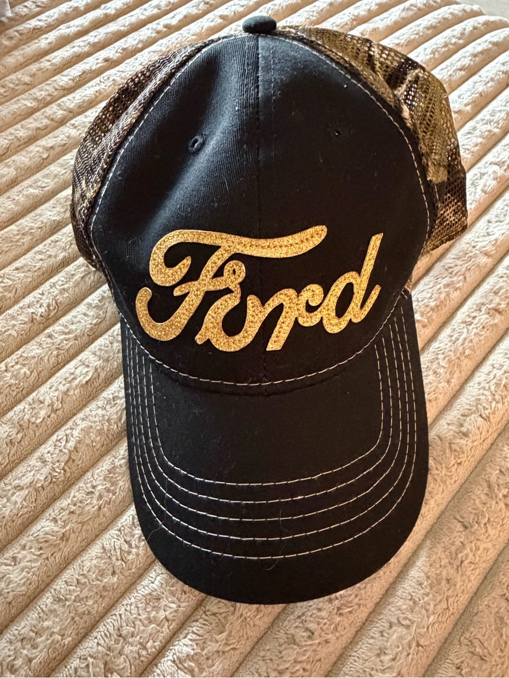 Ford Women’s Black Cap with Sparkle Gold Script Logo
